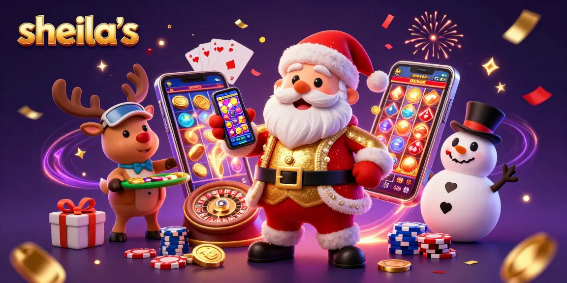 Engage with sheila's vibrant casino scene featuring Santa playing jackpot slots with festive friends.