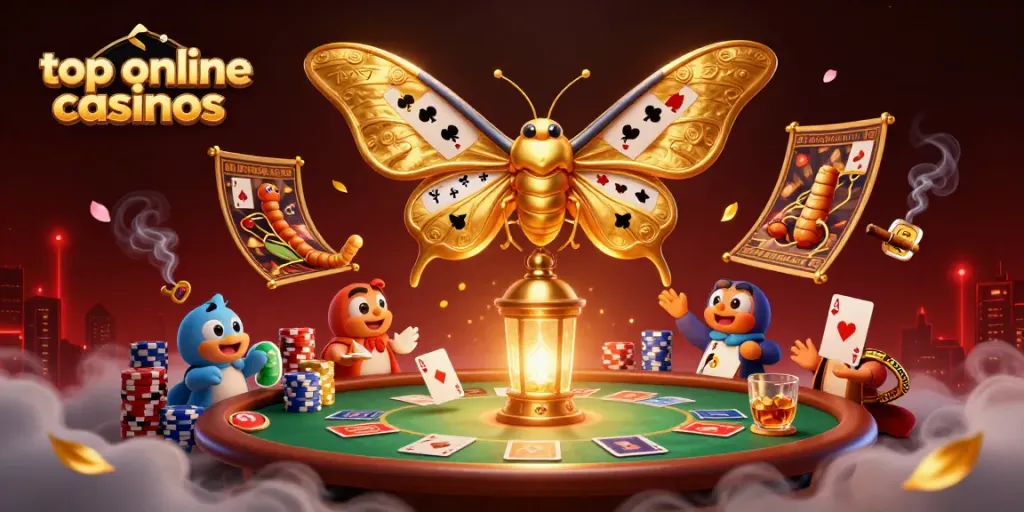 Explore top online casinos with a vibrant scene featuring a magnificent atlas moth and dynamic poker elements.
