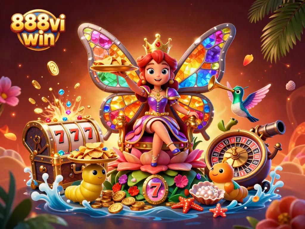Engage with exciting wins at 888vi win in a vibrant casino scene filled with animated characters and treasures.