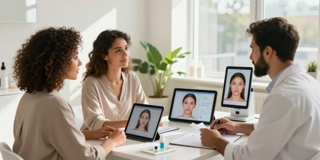 Individuals discussing facial analysis in a bright beauty studio, exploring alternatives to QOVES.