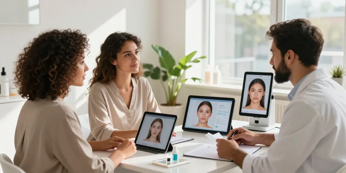 Individuals discussing facial analysis in a bright beauty studio, exploring alternatives to QOVES.