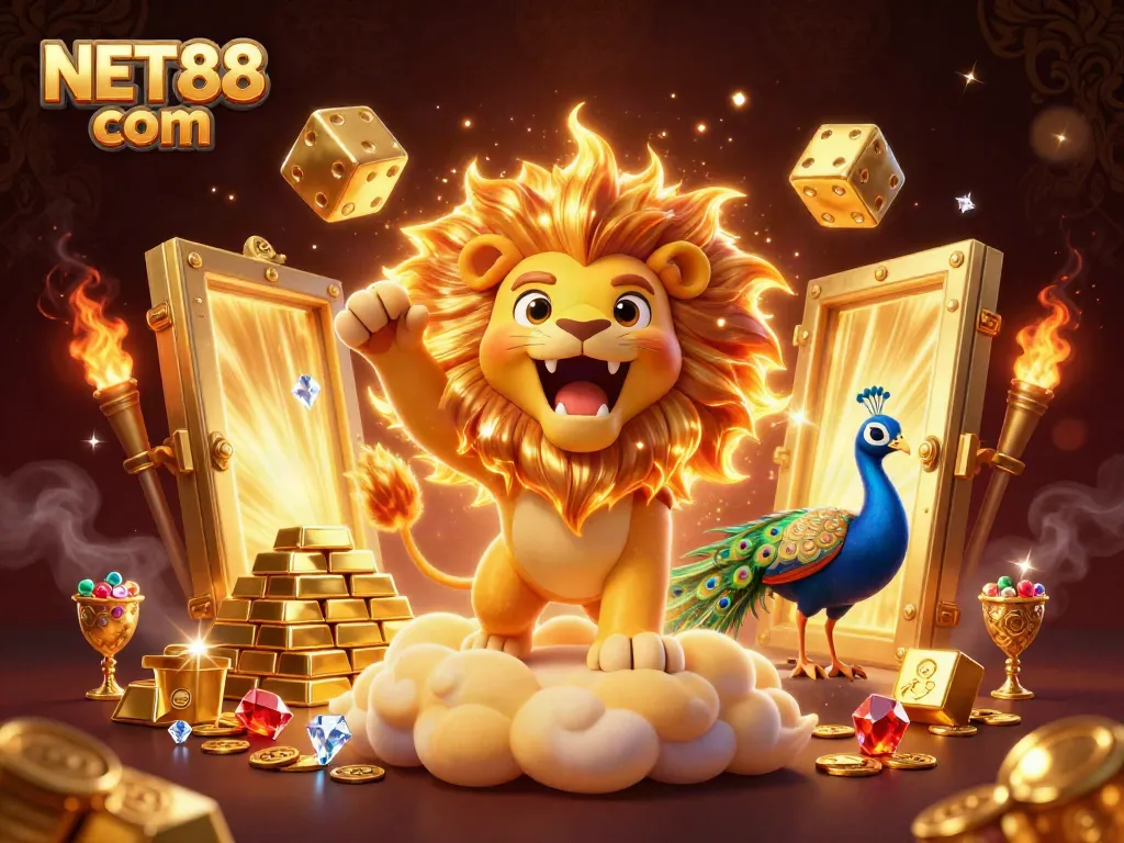 Experience excitement at NET88 com, with a thrilling 3D illustration of a golden lion, vibrant casino elements, and treasure.