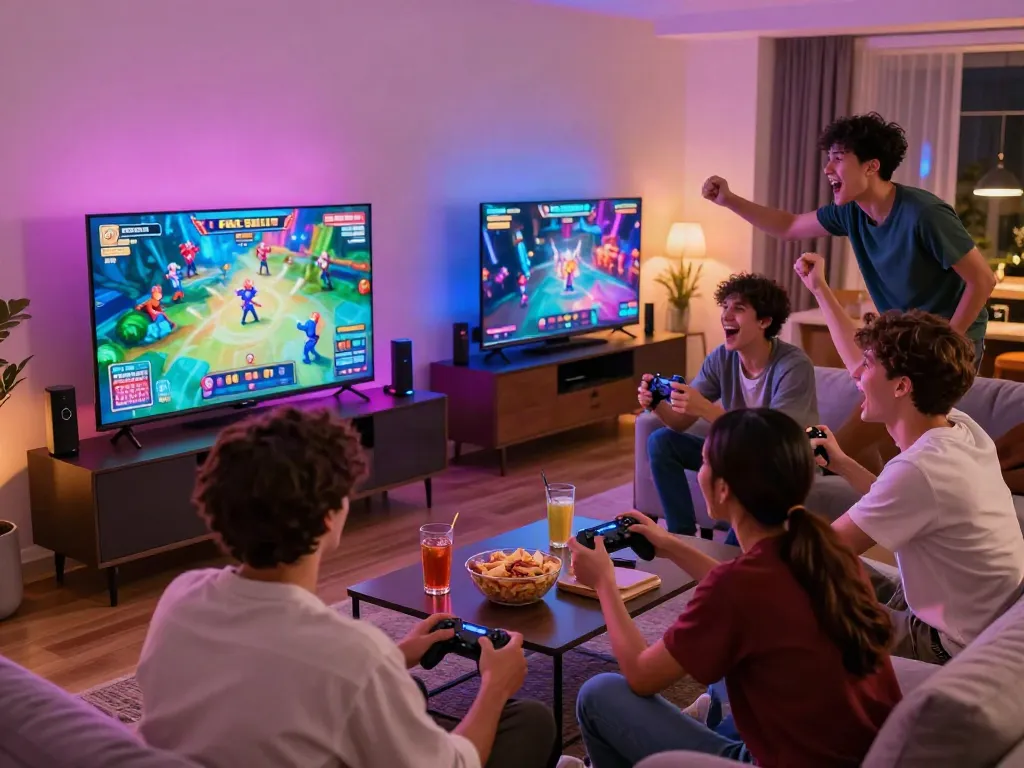 Friends enjoying PG SLOT gaming night with vibrant atmosphere and snacks.