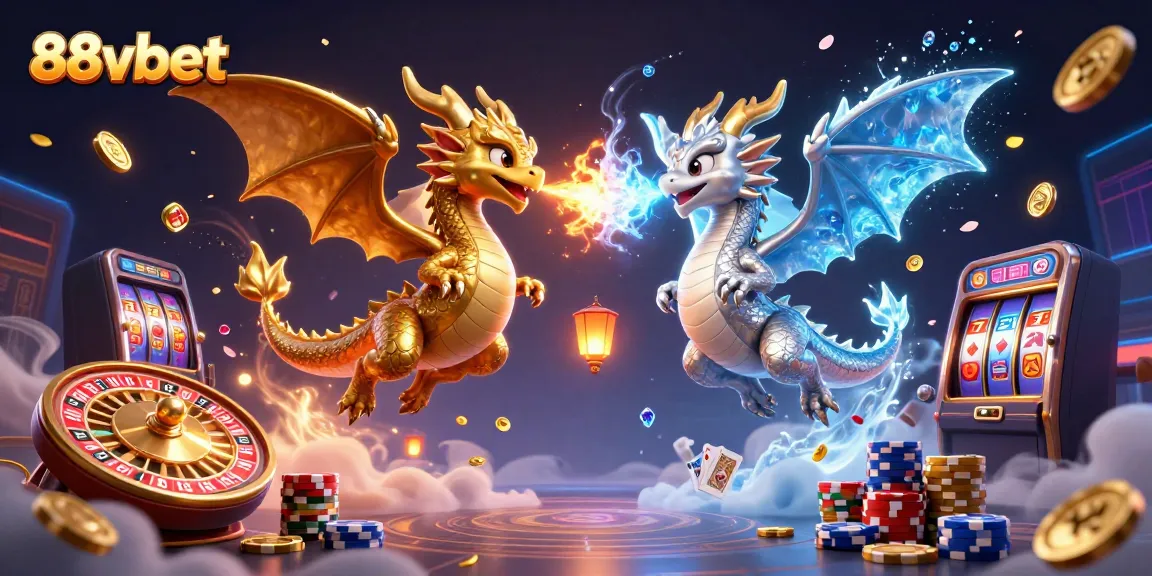 Experience thrilling adventures with 88vbet's dynamic casino scene illustrated with dragons, coins, and games.