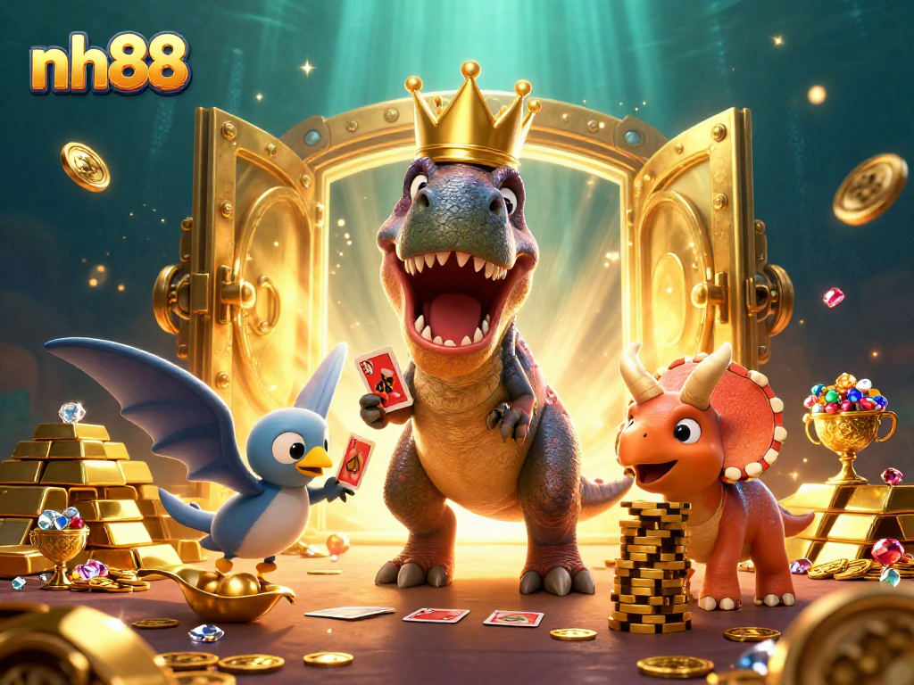 Experience the vibrant NH88 online casino with fun characters like a T-Rex and gems while playing games.