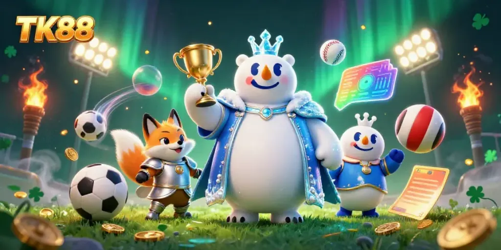 Bet on TK88 with the polar bear king and snow fox in a dynamic gambling scene.
