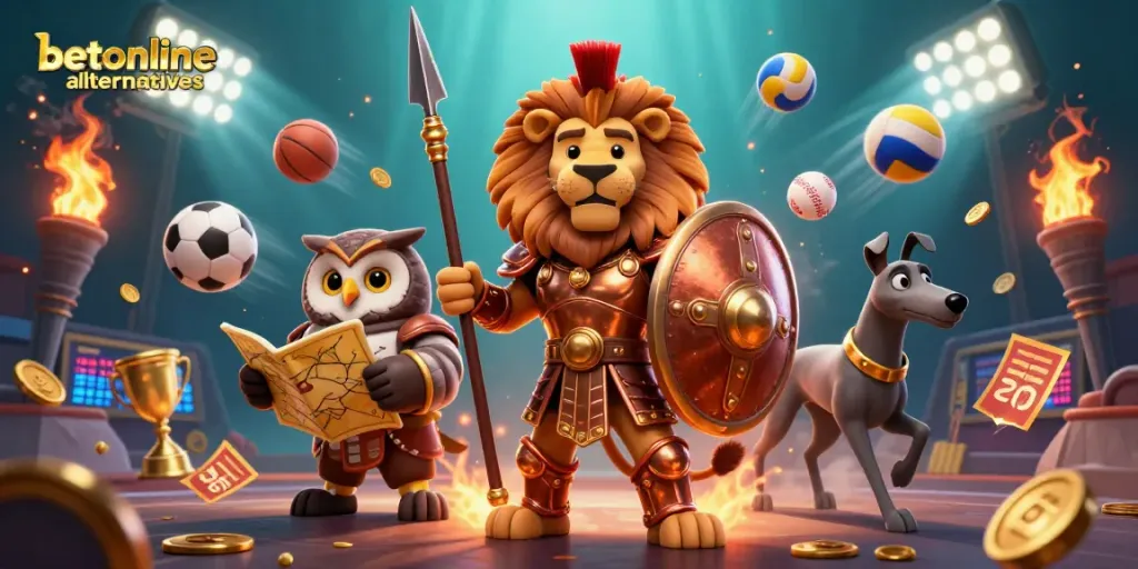 Engage with betonline alternatives through a thrilling 3D casino scene filled with dynamic sports elements.