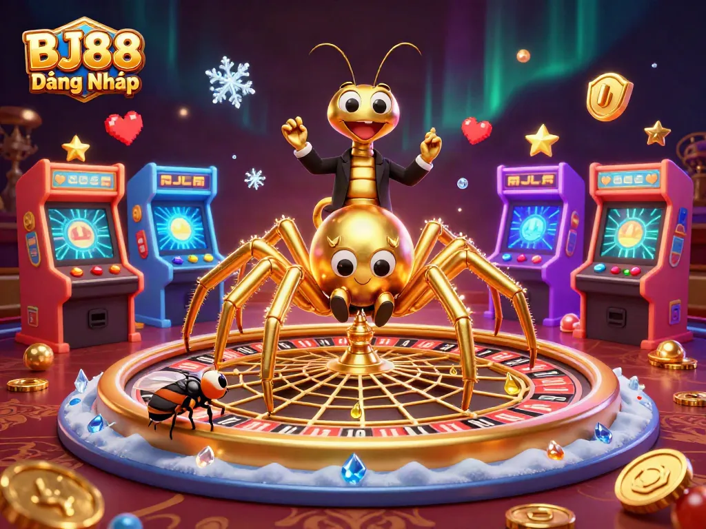 Engage with thrilling games at BJ88 Đăng Nhập, where a 3D golden spider spins a roulette-themed web.