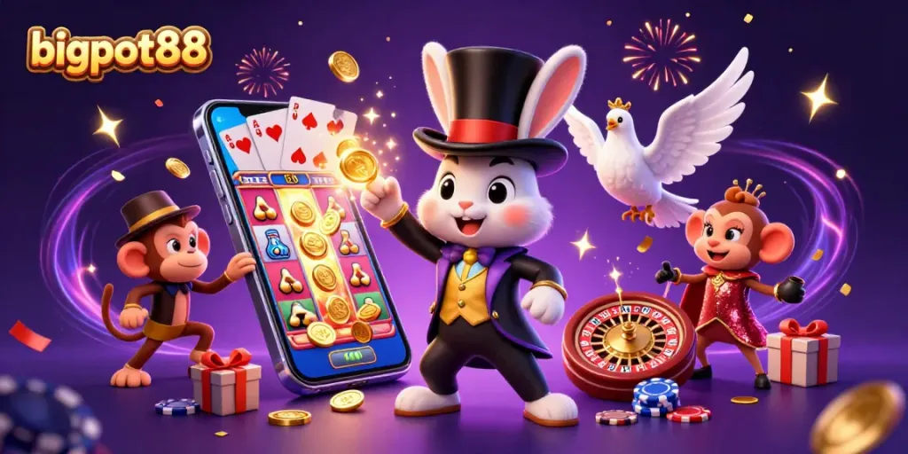 Bigpot88 menyajikan gambar ilustrasi 3D penuh detail dengan karakter si kelinci pesulap dan elemen kasino menarik lainnya.