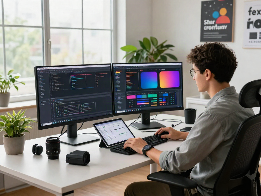 Pikashow software development workspace with dual monitors displaying code and vibrant applications.