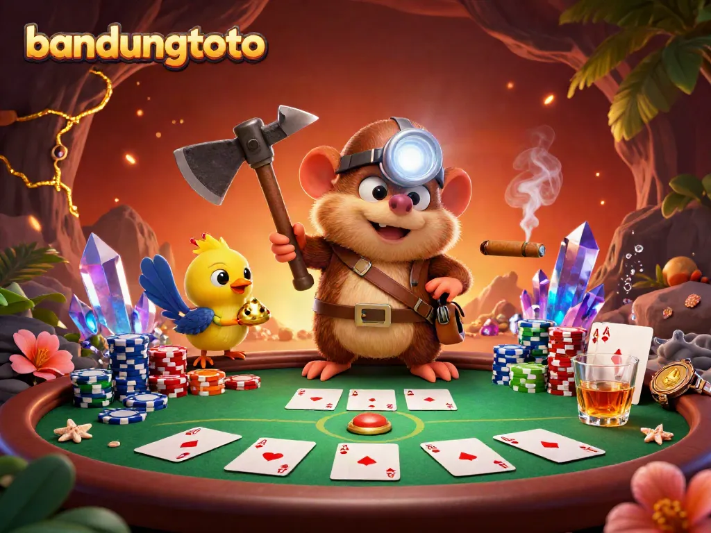 Engaging illustration of bandungtoto's treasure-hunting mole enjoying poker with vibrant casino elements.