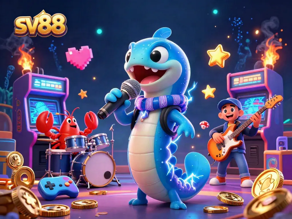 Experience thrilling gaming action at sv88 with an electric eel DJ and vibrant casino elements.