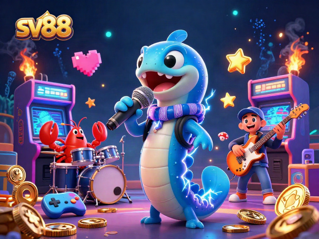 Experience thrilling gaming action at sv88 with an electric eel DJ and vibrant casino elements.