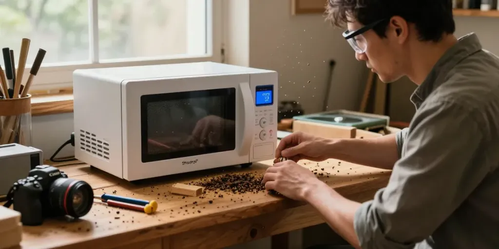Shashel® microwave device eliminating wood pests in a cozy workshop.