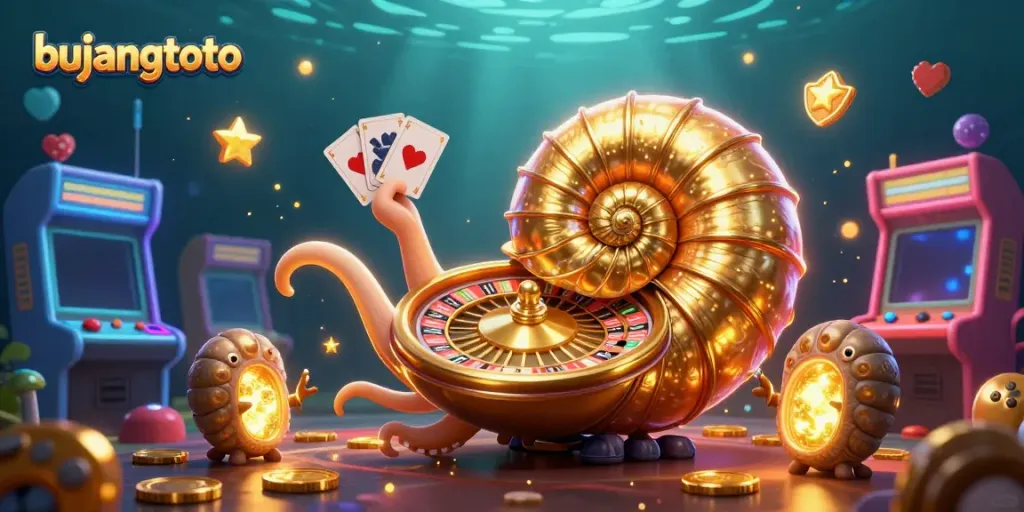 Bujangtoto features a giant nautilus roulette with glowing ammonites, embodying a vibrant casino atmosphere.