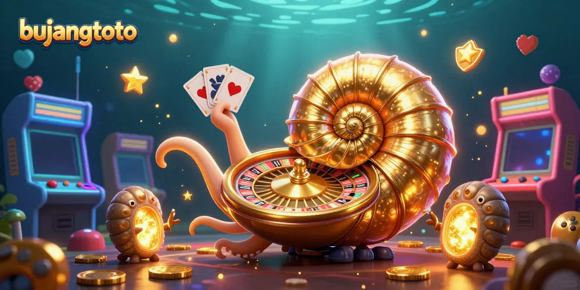 Bujangtoto features a giant nautilus roulette with glowing ammonites, embodying a vibrant casino atmosphere.