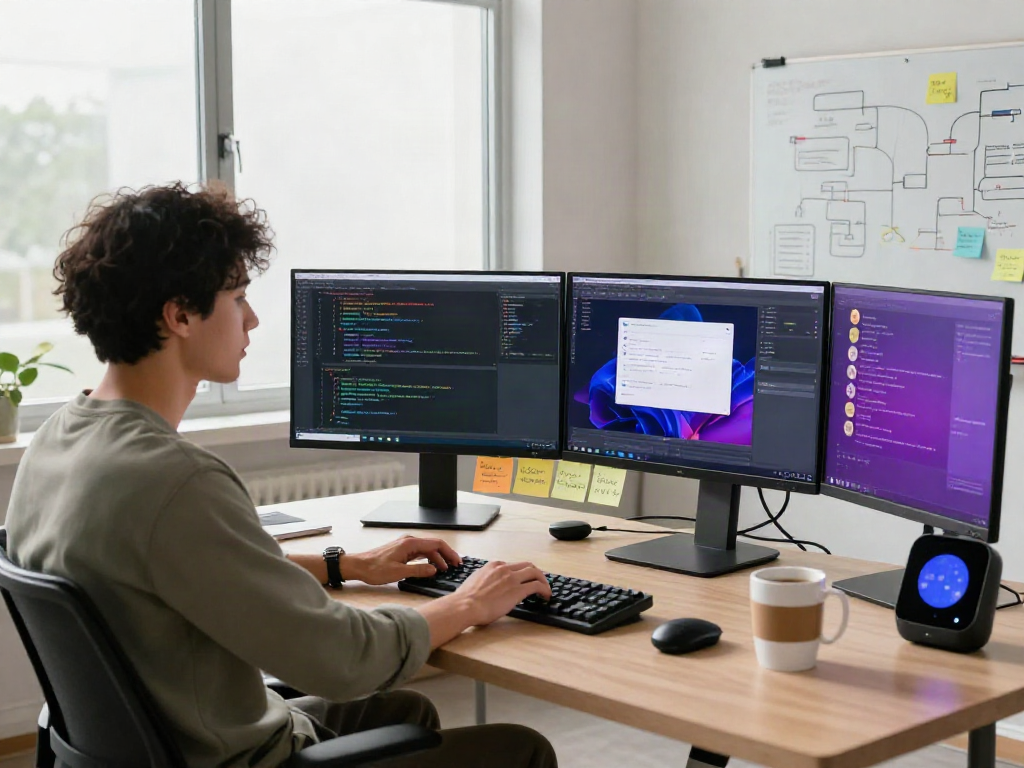 A developer coding an innovative nsfw chat bot in a modern workspace, showcasing engaging technology.