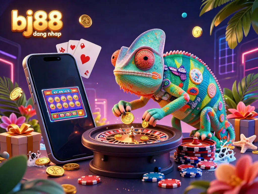 Experience the excitement of gaming with bj88 dang nhap in a vibrant casino scene featuring a colorful chameleon and interactive elements.