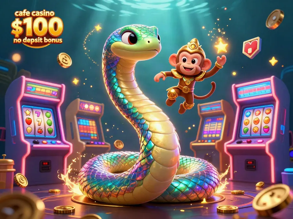 Claim your cafe casino $100 no deposit bonus with vibrant characters in a rich casino setting.