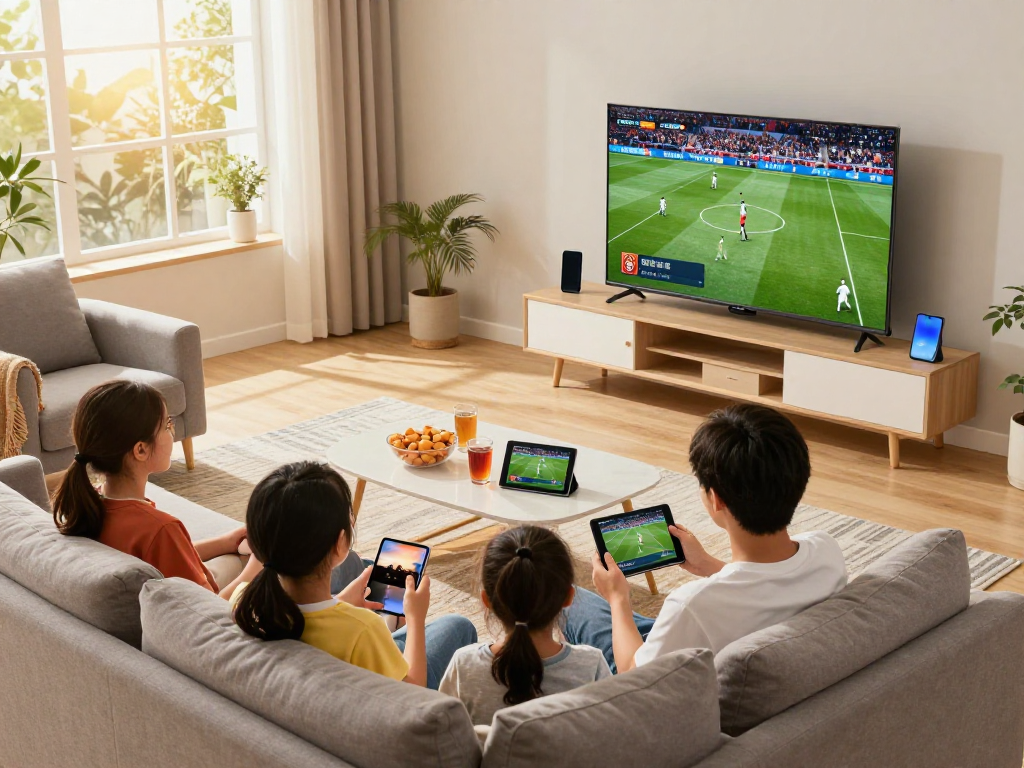 Gezellige woonkamer met gezin dat geniet van iptv abonnementen in 4K kwaliteit op een grote smart TV.