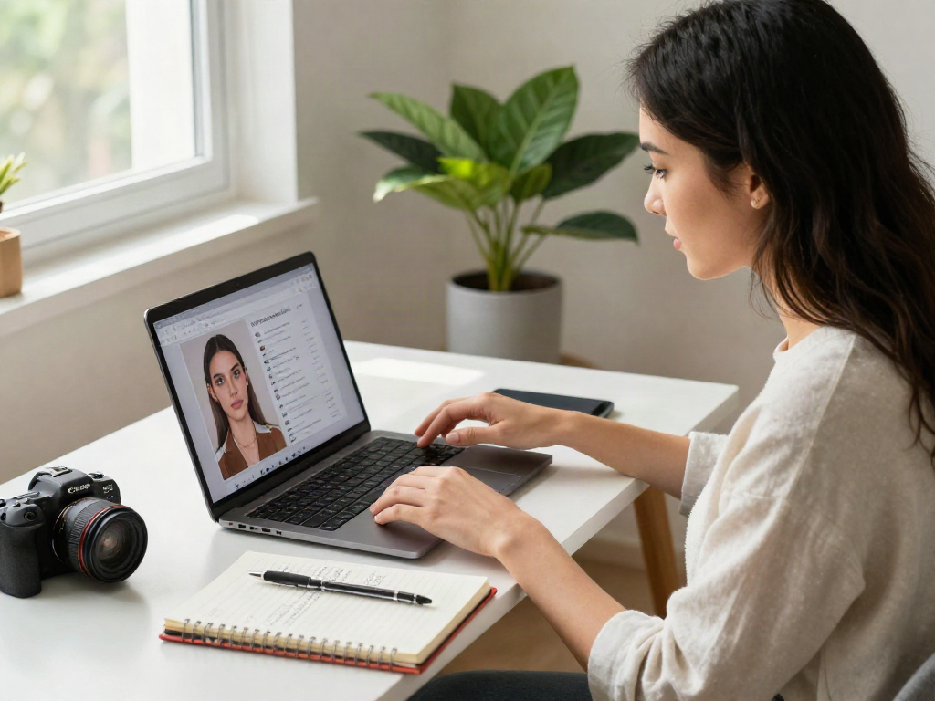 Analyzing results of an attractive test on a laptop in a stylish home office.