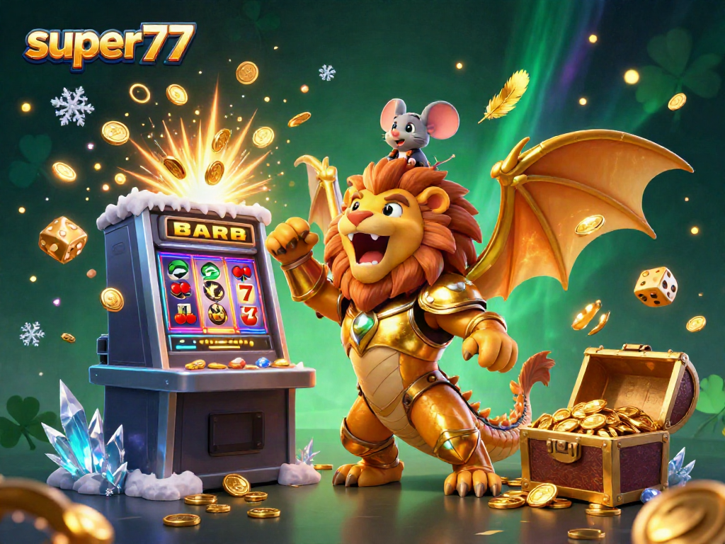 Experience thrilling wins with super77 in this vibrant 3D casino scene featuring exciting game elements and characters.