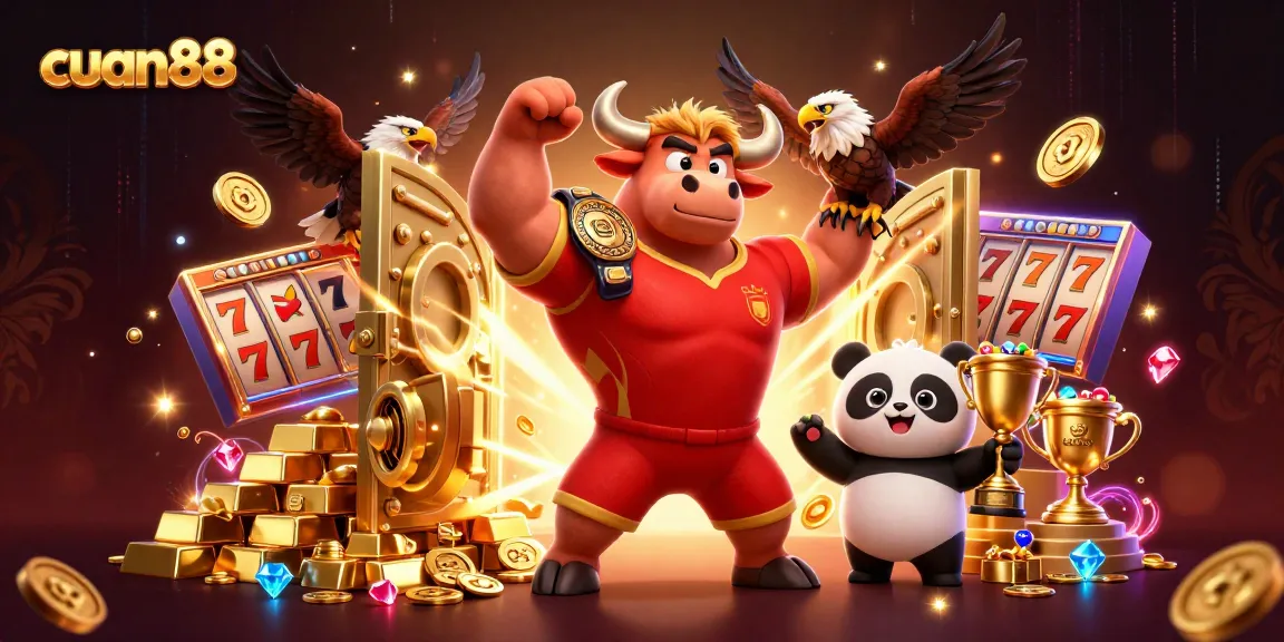 Experience the excitement at cuan88 with a dynamic casino victory scene featuring cheerful mascots and rich treasures.