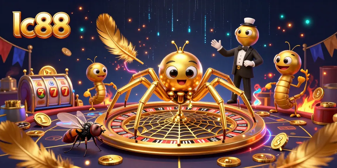 Spinning bets with lc88: A golden spider croupier weaves a roulette web in a lively atmosphere.