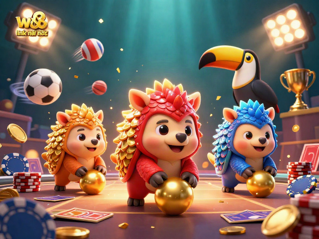 Experience the excitement at w88 link mới nhất with lively pangolins amid poker chips and sports elements.