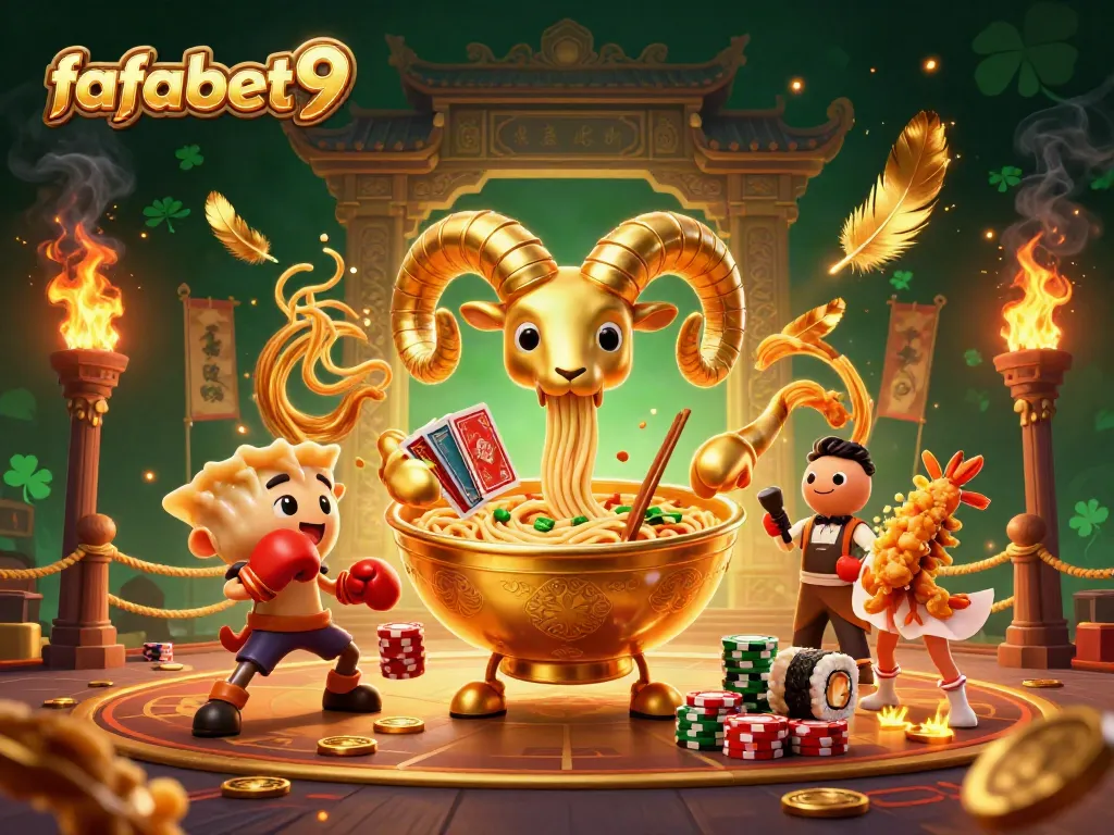 Engage with fafabet9's thrilling 3D casino scene featuring a golden ramen bowl and dynamic dealers.