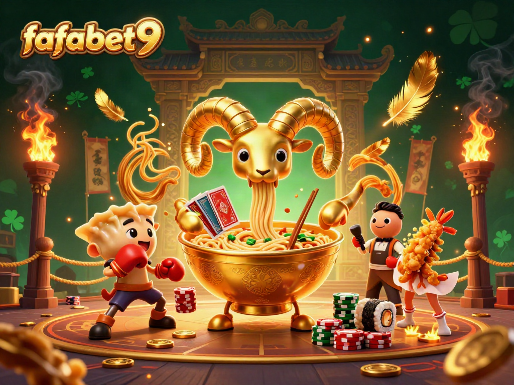 Engage with fafabet9's thrilling 3D casino scene featuring a golden ramen bowl and dynamic dealers.