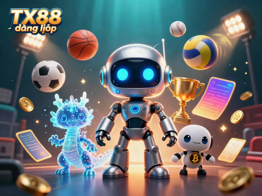 Engage with TX88 đăng nhập in a vibrant 3D casino illustration featuring a cyberpunk mascot and betting elements.