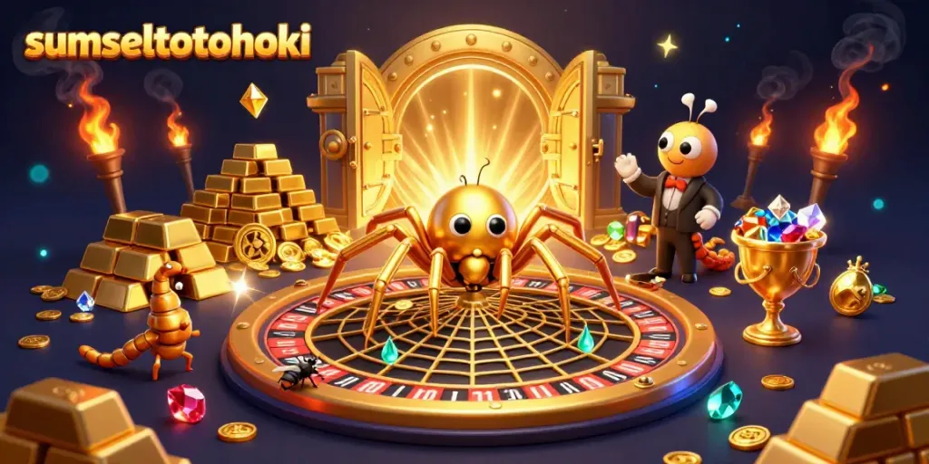 Engage in lively bets at sumseltotohoki with a golden spider and spinning roulette web illustration.