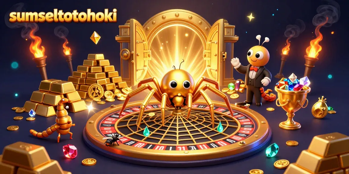 Engage in lively bets at sumseltotohoki with a golden spider and spinning roulette web illustration.
