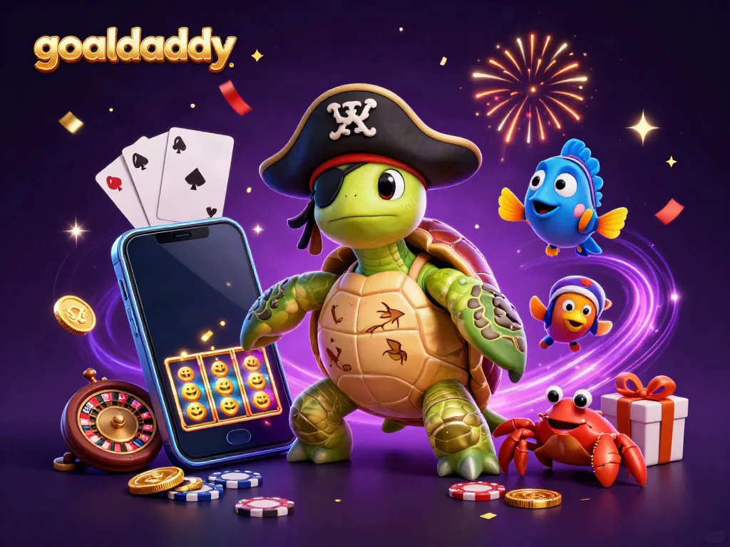 Experience the excitement of goaldaddy with a vibrant, action-packed 3D gaming scene featuring a pirate turtle and animated casino elements.
