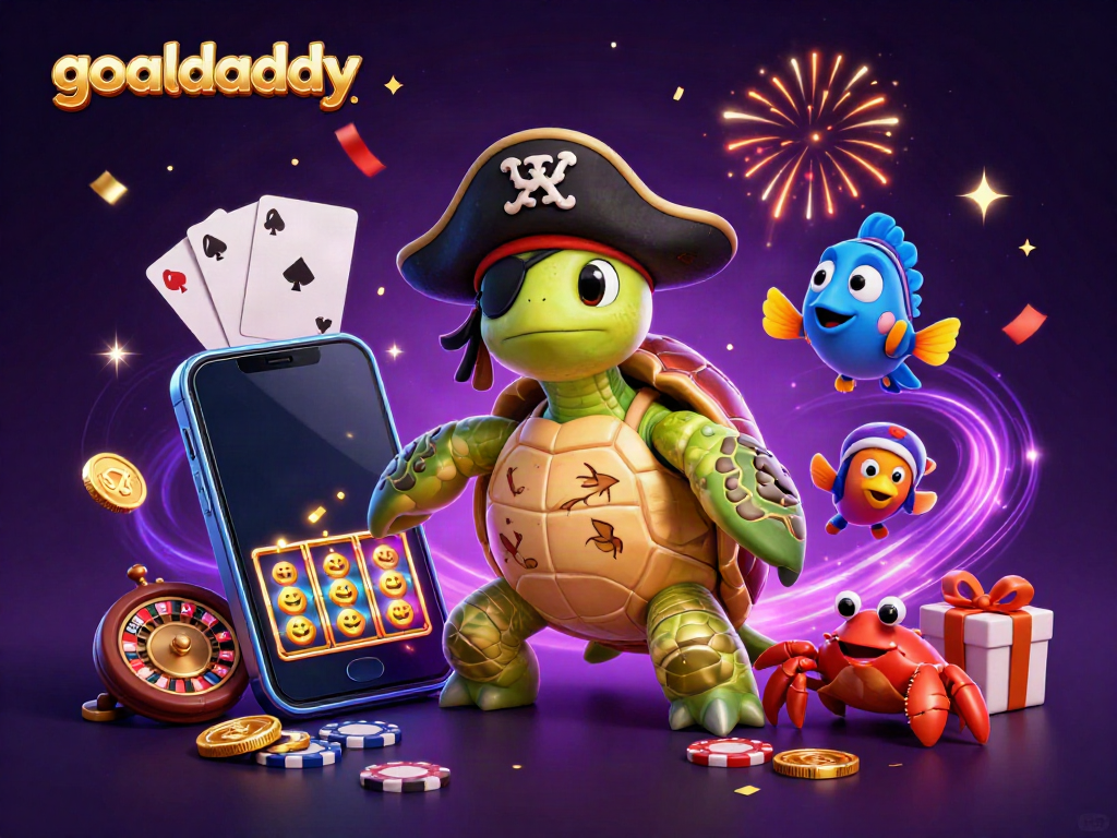 Experience the excitement of goaldaddy with a vibrant, action-packed 3D gaming scene featuring a pirate turtle and animated casino elements.