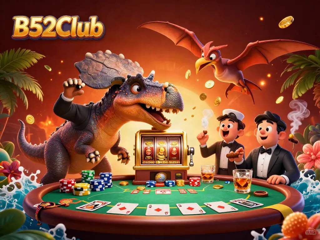 B52Club features a unique scene with a pachycephalosaurus and golden slot machine, capturing the excitement of winning.