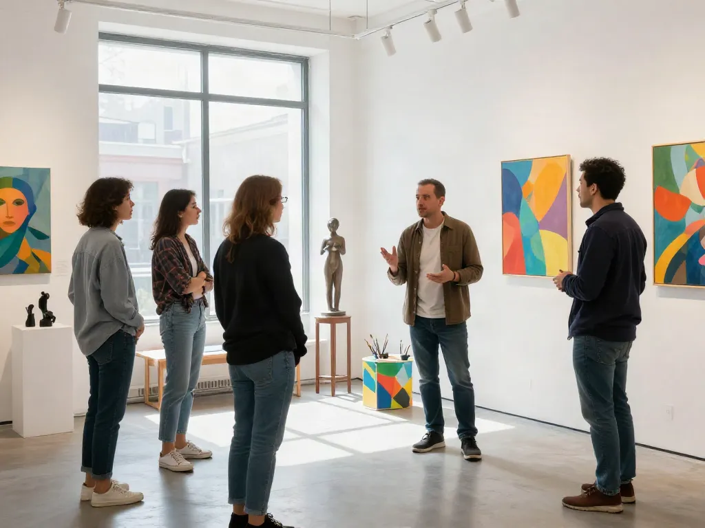 Bruce Bailey Toronto engaging with artists in a contemporary art gallery, showcasing creativity and collaboration.
