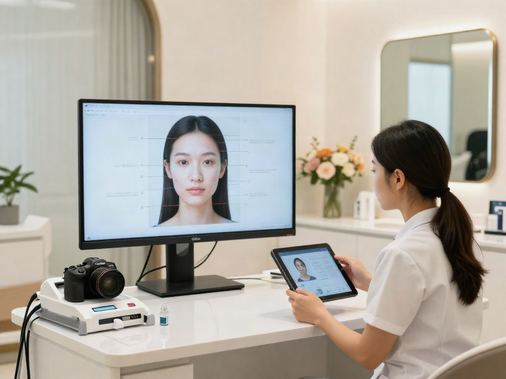 ClinicEvo cheaper than QOVES analysis session depicts a customer receiving personalized aesthetic insights in a modern clinic.