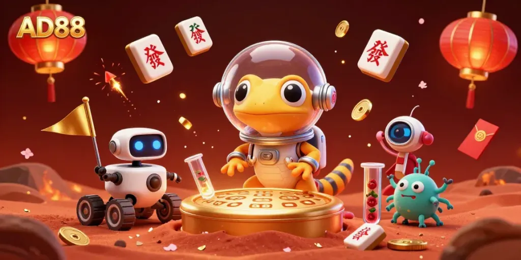 Experience the excitement of AD88 in a vibrant digital scene filled with alien characters and casino elements.