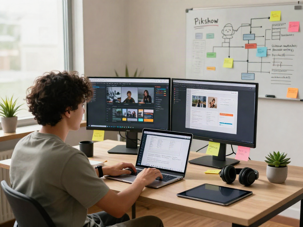 Pikashow app download featured on a laptop in a modern workspace with energetic atmosphere.
