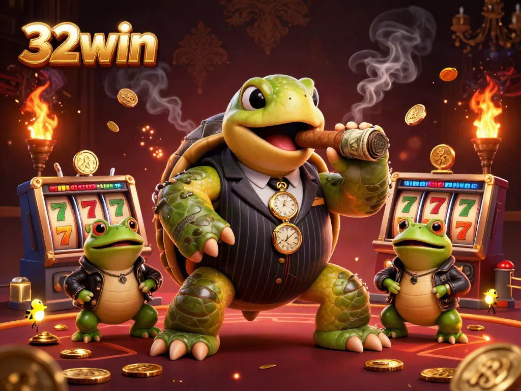 32win showcases thrilling jackpots and vibrant characters in a dynamic casino scene.