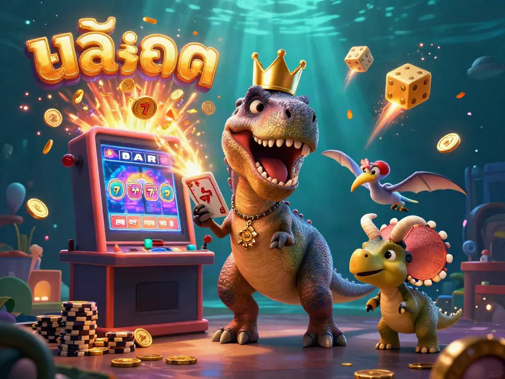 Engaging 3D illustration of slot gaming with a T-Rex character, coins, and jackpot elements showcasing action and excitement in สล็อต.