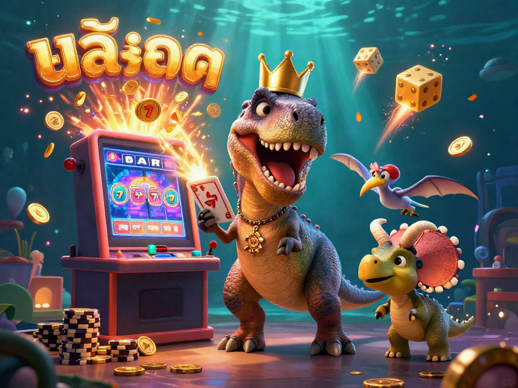 Engaging 3D illustration of slot gaming with a T-Rex character, coins, and jackpot elements showcasing action and excitement in สล็อต.