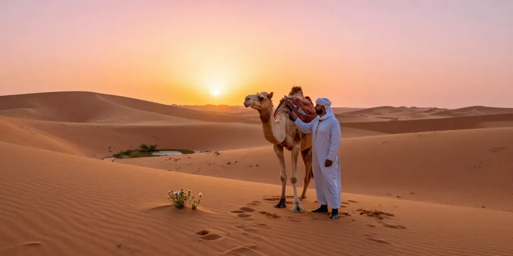 Immersive scene of best morocco tours in the Sahara Desert at sunset.