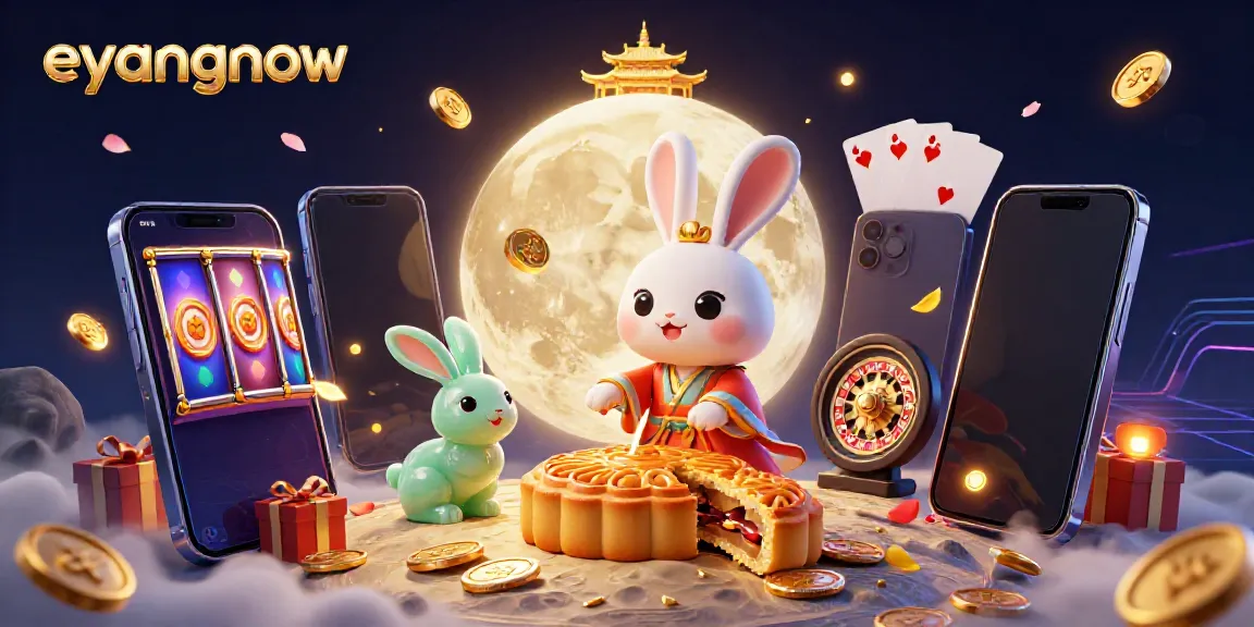 eyangnow showcases thrilling online gaming with a cartoon rabbit revealing poker chips from mooncakes.