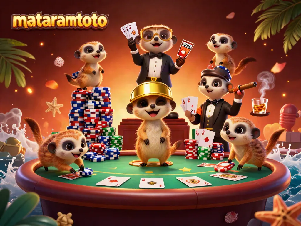 Mataramtoto where a colony of meerkats manages a vibrant casino operation, showcasing dynamic gaming elements and a lively atmosphere.