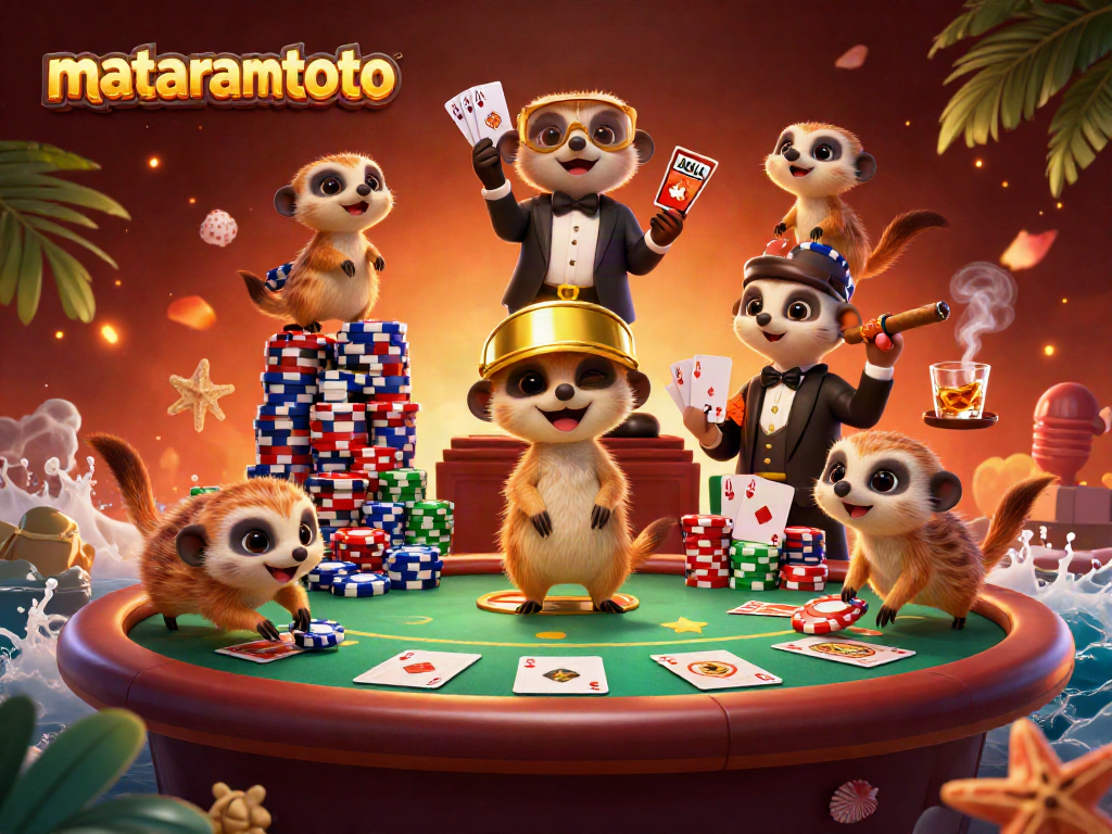 Mataramtoto where a colony of meerkats manages a vibrant casino operation, showcasing dynamic gaming elements and a lively atmosphere.