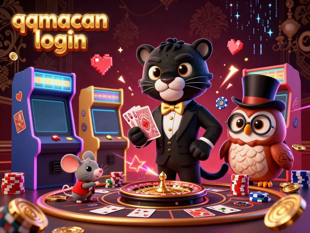 Experience thrilling games with qqmacan login: Panther, owl, and lucky mouse in a vibrant casino setting.