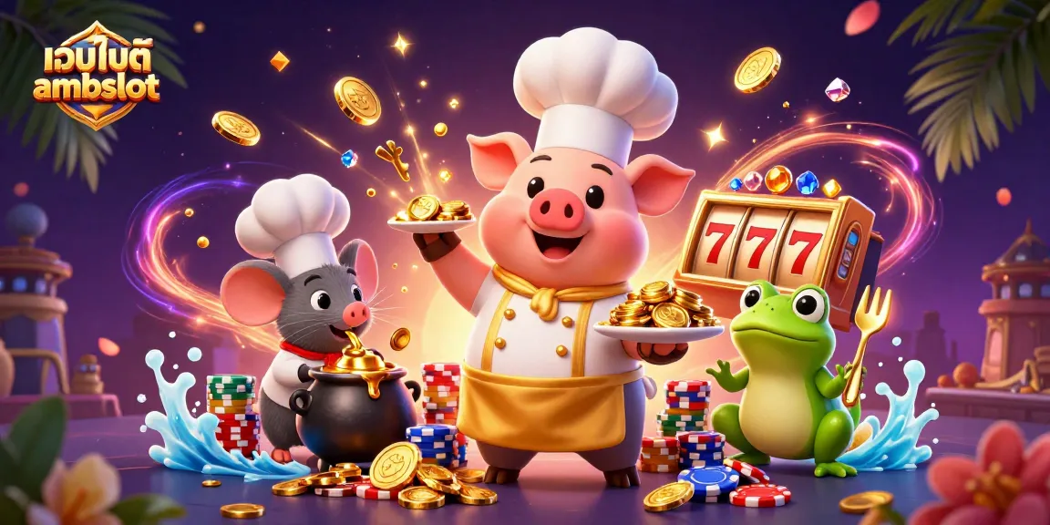 หมูเชฟและตัวละครต่างๆ ร่วมสนุกเล่นเกมสล็อตที่เว็บไซต์ ambslot